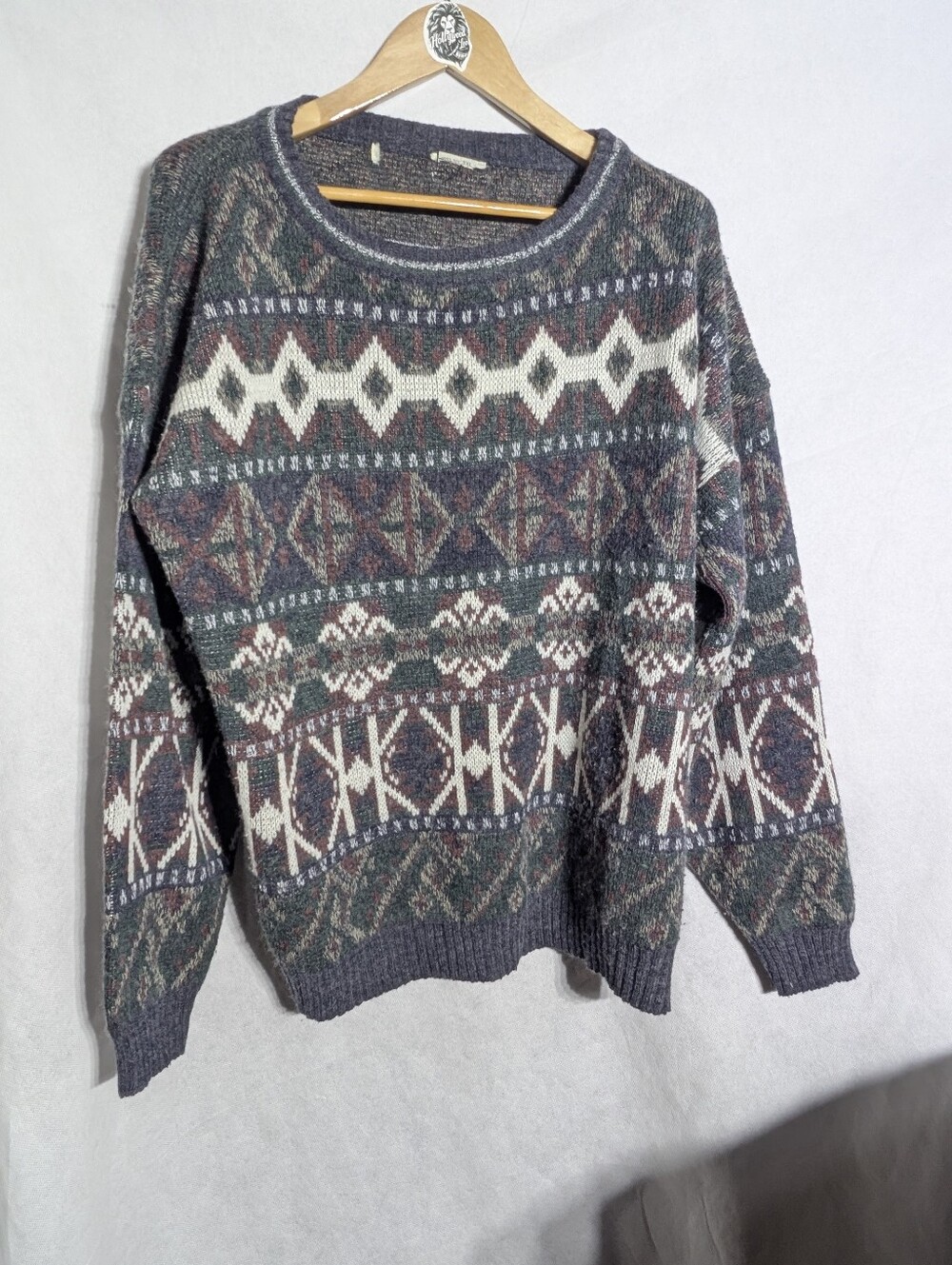 Vintage 80s 90s Mens 3XL Knit Sweater Geometric Fair Isle Grandpa Core Oversized
